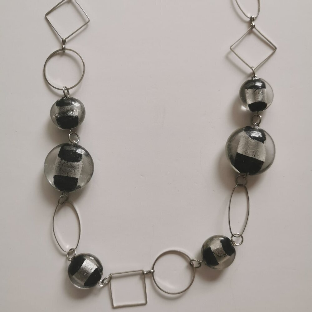 Chunky Black Silver Lucite Beads Necklace Ovals Circles Squares Links 24" Length
